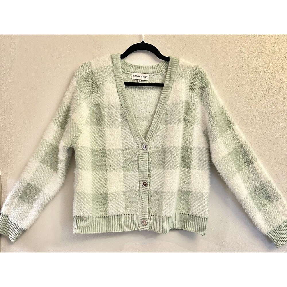 Willow and Wind Pale Green Plaid Cropped Eyelash Cardigan Sweater Sz M 90s - Picture 1 of 11
